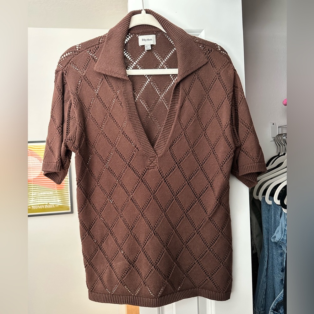 Rhythm. Women's Chocolate-Brown Short-Sleeve Openwork Knit Polo